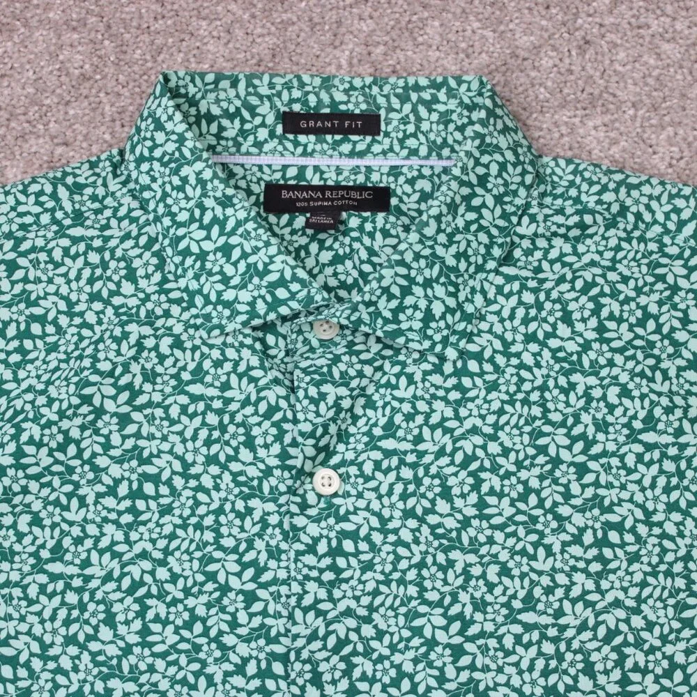 Banana Republic Shirt Mens Large Green Floral Grant Fit 120s Supima‎ Cotton L/S